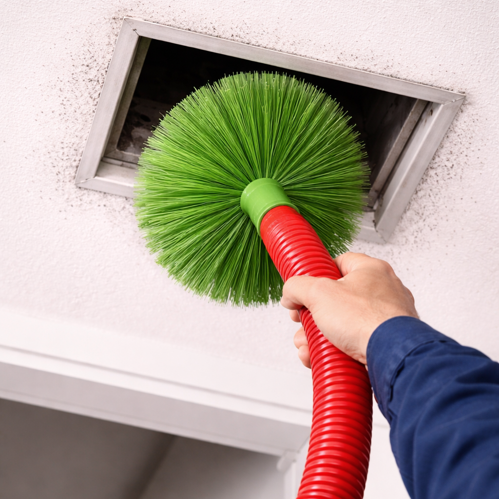 Cleaning ductwork using spinning brushes